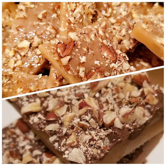 HALF & HALF - Half Original Pecan Toffee with Chocolate & Pecans/Half Sweet & Salty Toffee